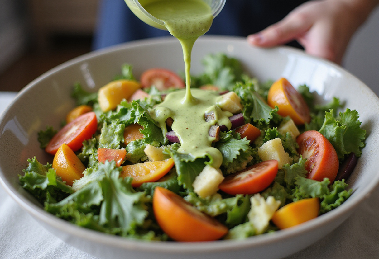 Tossing the fresh cabbage and vegetable mixture with the green goddess dressing, creating a colorful Green Goddess Cabbage Salad.