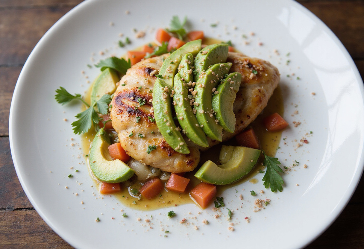 Perfectly plated Grilled California Avocado Chicken, visually appealing with vibrant colors, presenting an easy chicken recipe that's delicious and healthy.