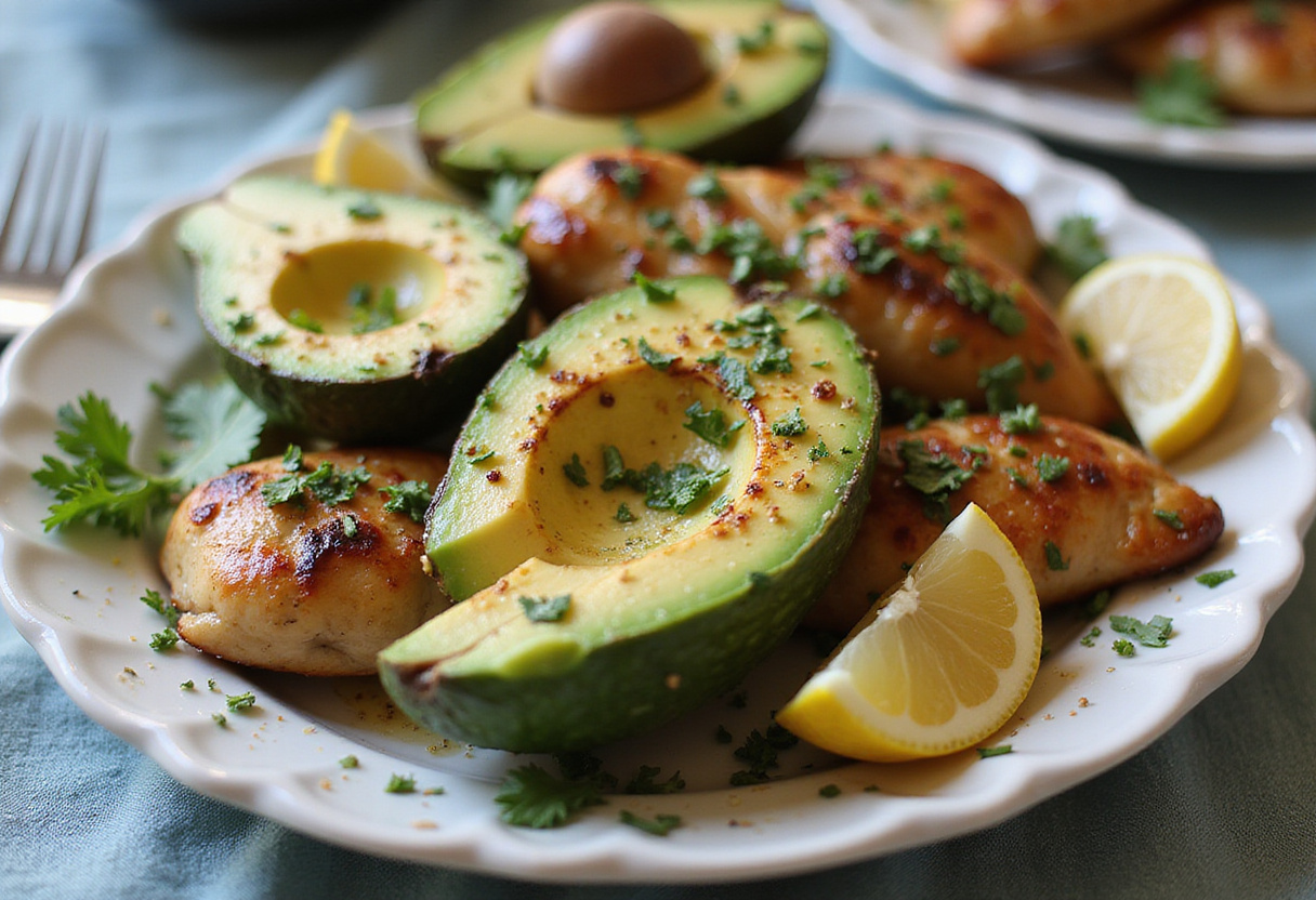 Grilled avocado halves and chicken breast on a platter, highlighting healthy ingredients and the easy preparation of Grilled California Avocado Chicken.