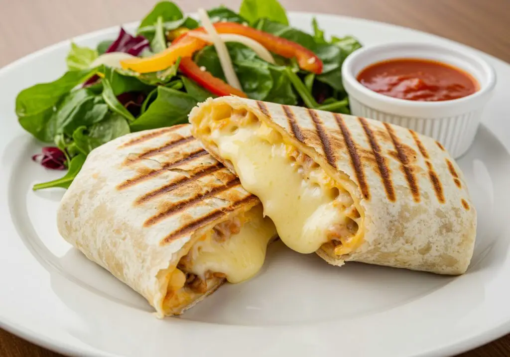 Delicious grilled cheese burrito cut in half on a plate, showcasing melted cheese, accompanied by fresh salad and dipping sauce.