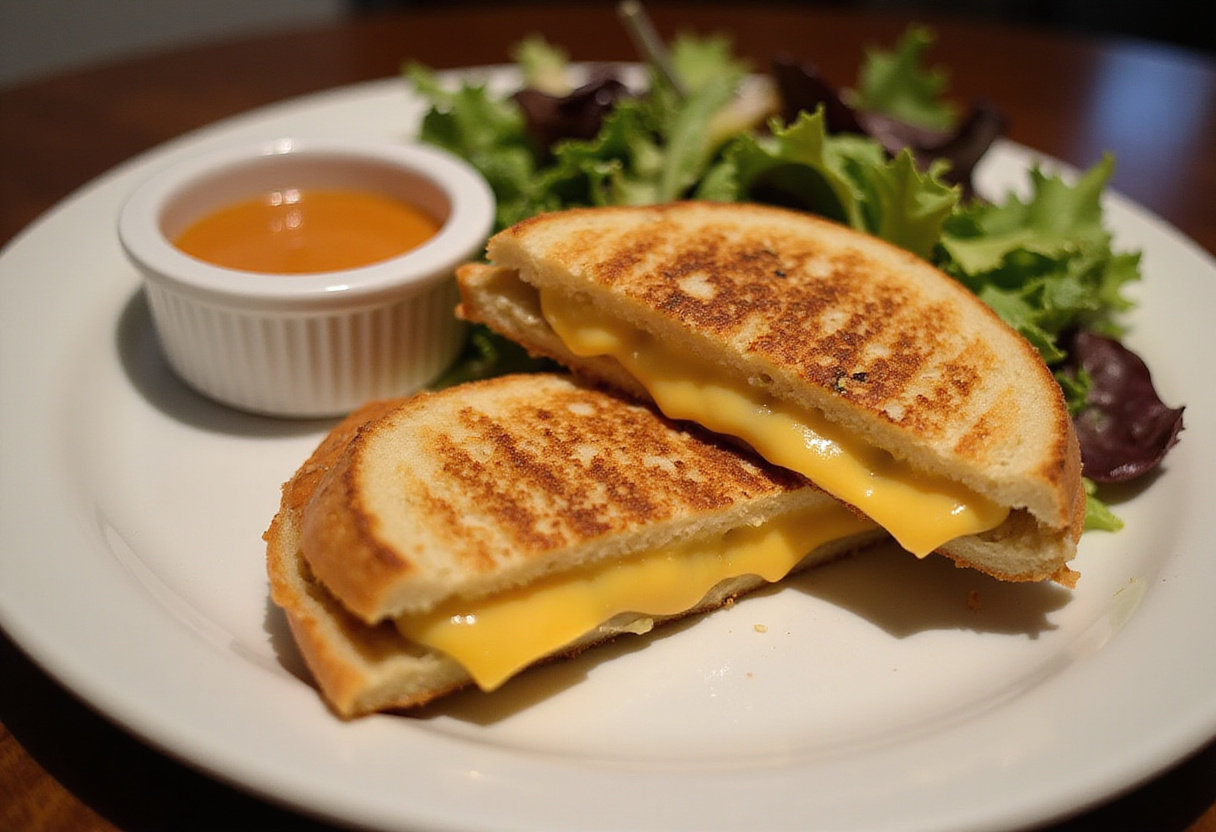 Delicious grilled cheese burrito cut in half on a plate, showcasing melted cheese, accompanied by fresh salad and dipping sauce.