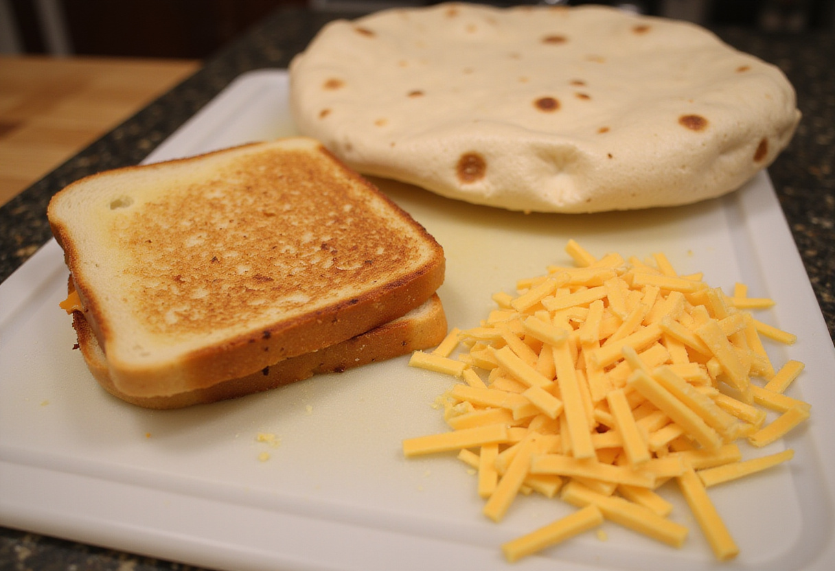 Preparing ingredients for grilled cheese burrito, featuring bread, cheese, and burrito wrap on a kitchen counter.