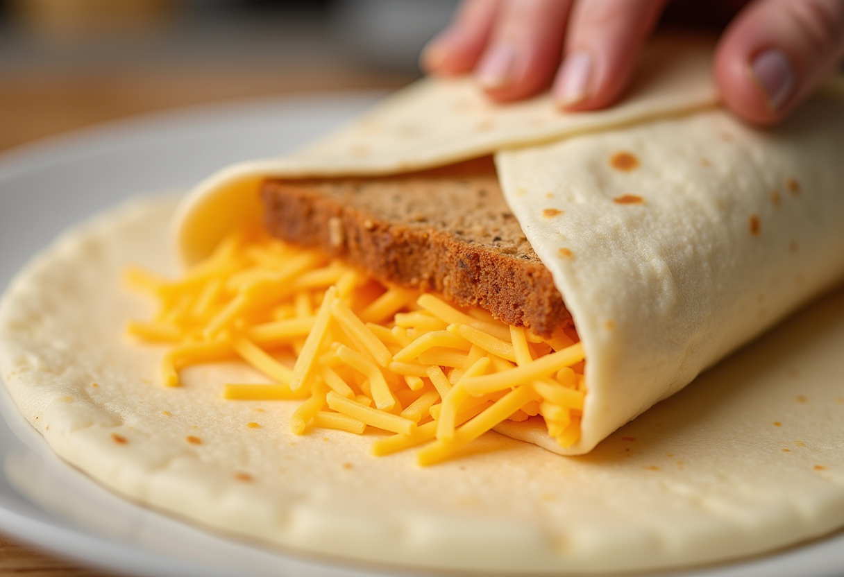 Filling a burrito wrap with cheese and bread for a grilled cheese burrito, emphasizing the cheesy layers.