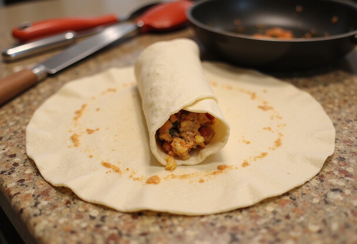 Rolling a burrito wrap filled with cheese and bread to prepare a grilled cheese burrito, showcasing the folding technique.