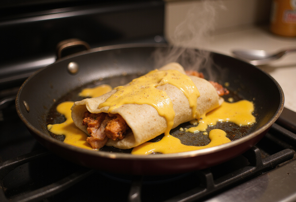 Cooking a grilled cheese burrito in a skillet, with melted cheese and sizzling action creating a delicious visual.