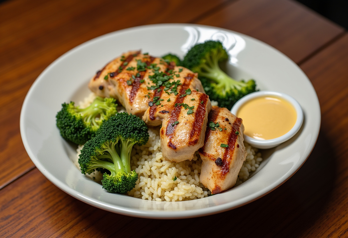 Final presentation of Grilled Chicken & Broccoli Bowls with creamy garlic sauce, ready to be enjoyed.