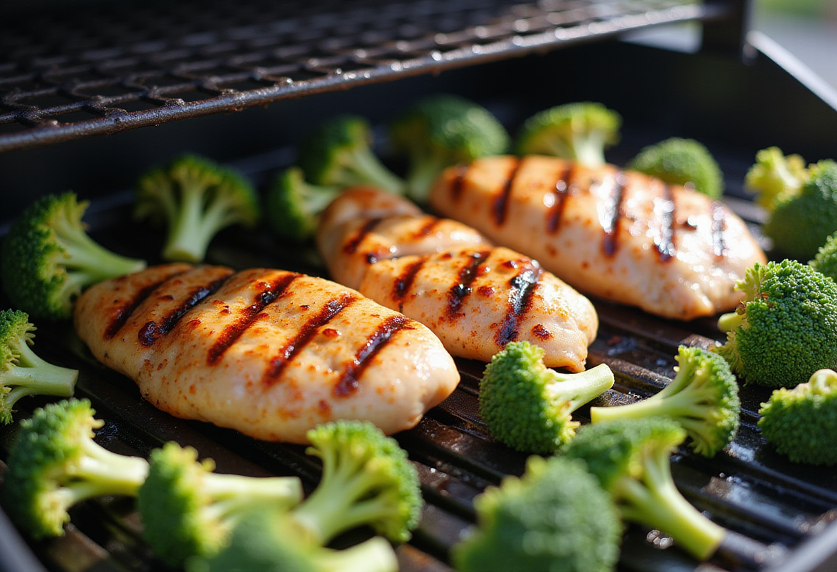 Grilled chicken preparation with marinated chicken breasts and fresh broccoli for Grilled Chicken & Broccoli Bowls.