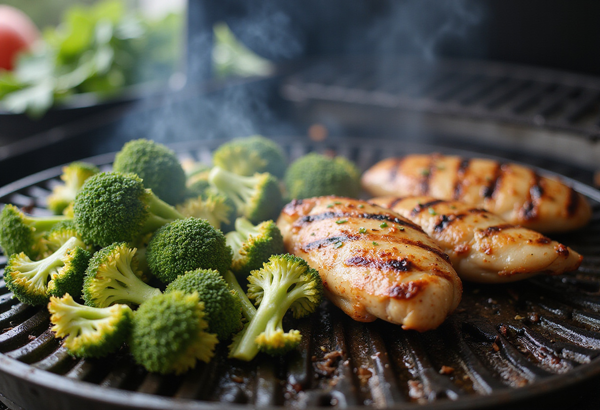 Grilling chicken and broccoli together for a delicious Grilled Chicken & Broccoli Bowls recipe.