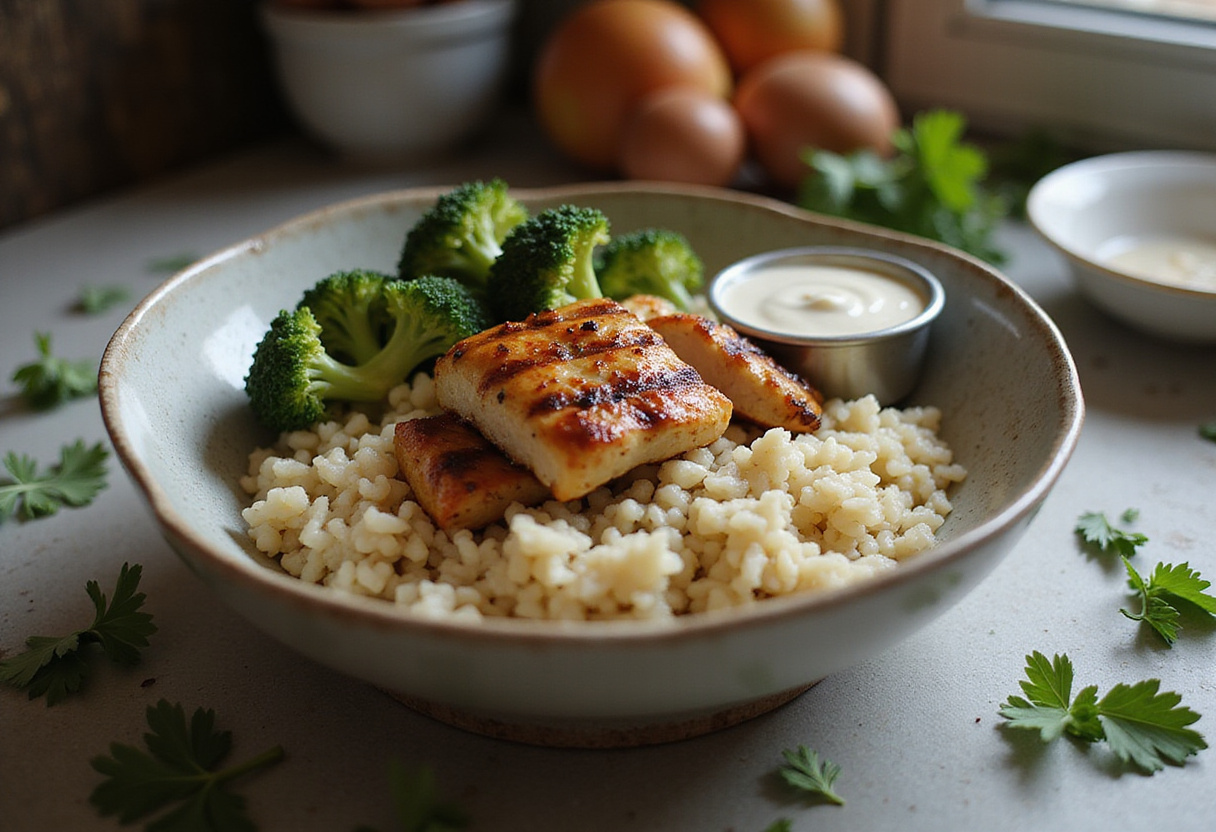 Assembling Grilled Chicken & Broccoli Bowls with rice, grilled chicken, and broccoli in a cozy kitchen environment.