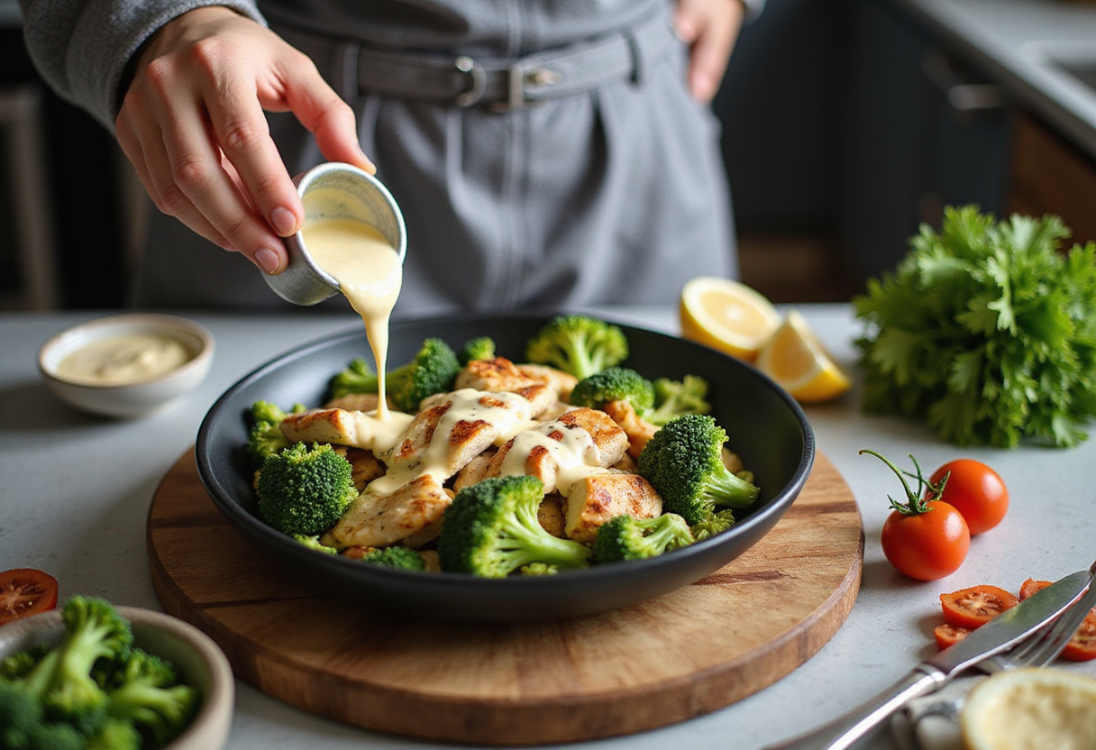 Adding garlic sauce to Grilled Chicken & Broccoli Bowls for a creamy finish in a well-decorated kitchen.