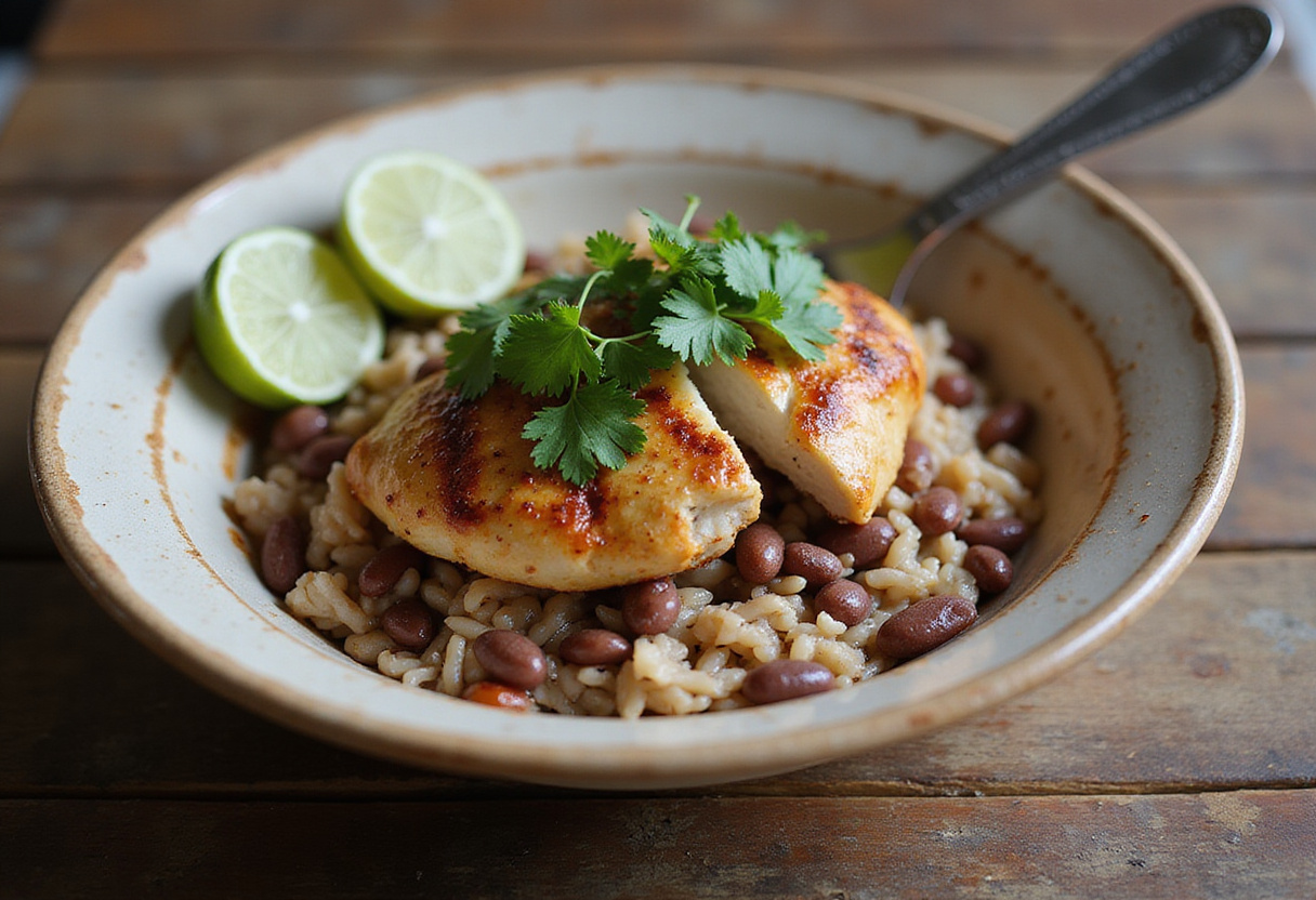 Final presentation of a grilled chicken burrito bowl with vibrant rice and beans, showcasing freshness and flavor.