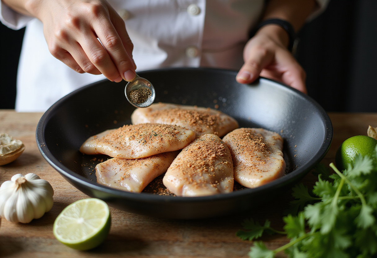 Seasoning chicken breasts for a grilled chicken burrito bowl, flavorful and fresh ingredients displayed.