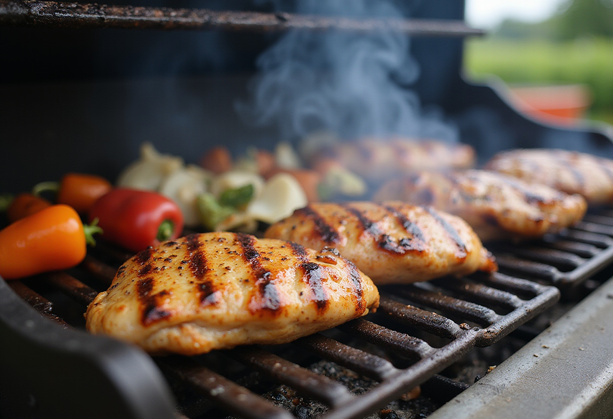 Grilling chicken for a burrito bowl, juicy and aromatic with peppers and onions on the grill.