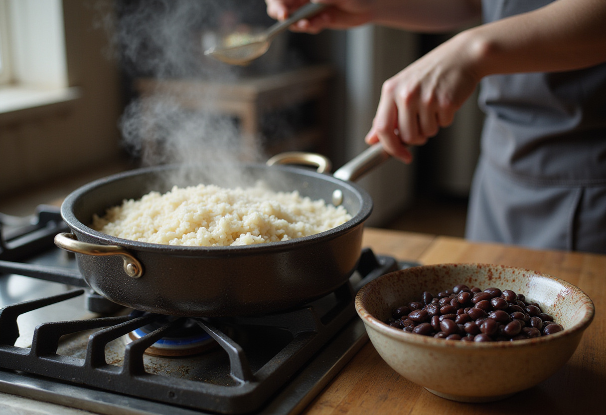 Cooking rice on the stove for a delicious grilled chicken burrito bowl, with black beans prepared on the side.