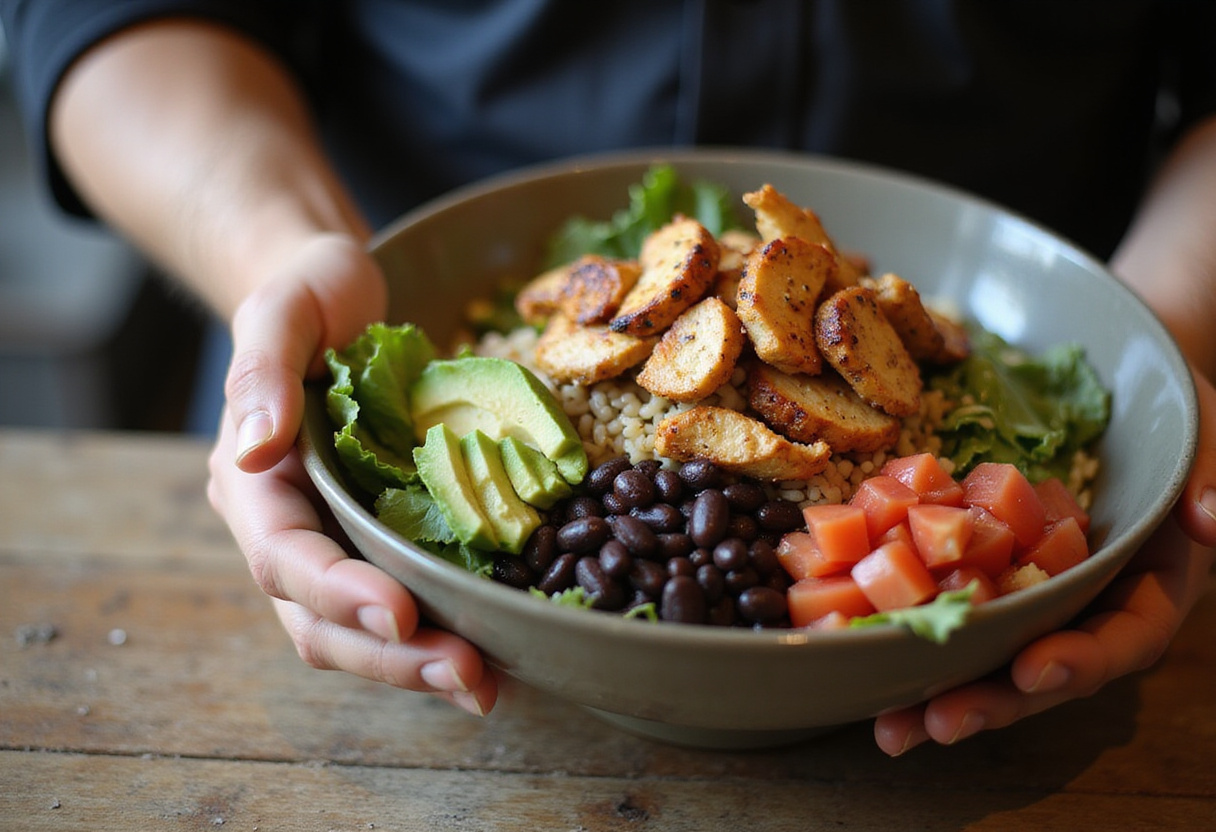 Assembling a grilled chicken burrito bowl, vibrant ingredients layered beautifully in a large bowl.