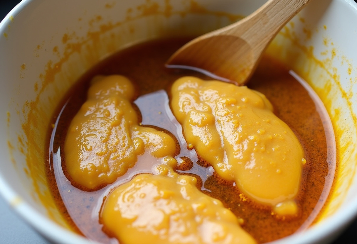 Grilled Honey Mustard Chicken marinade preparation with honey and mustard in a bowl.