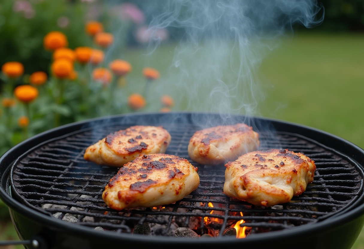 Grilling chicken breasts with honey mustard glaze on an outdoor barbecue grill.