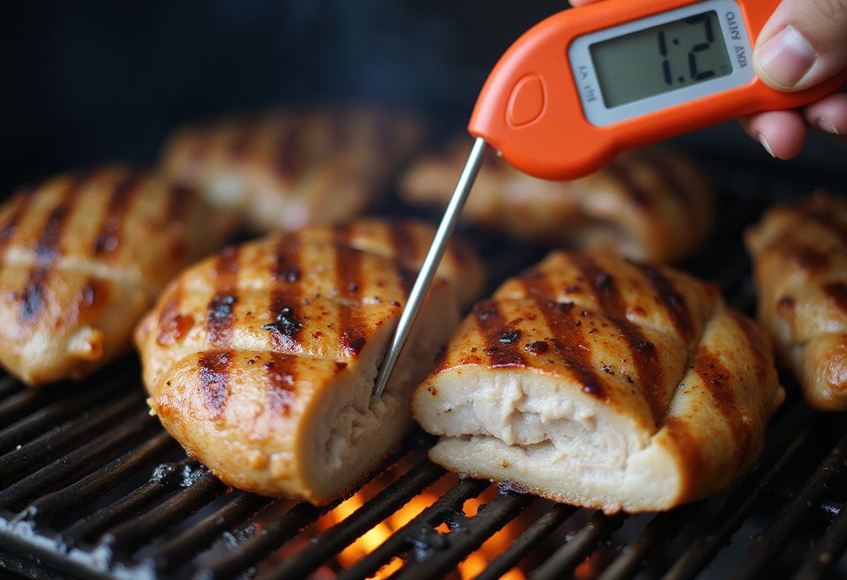 Checking grilled honey mustard chicken for doneness with a meat thermometer.