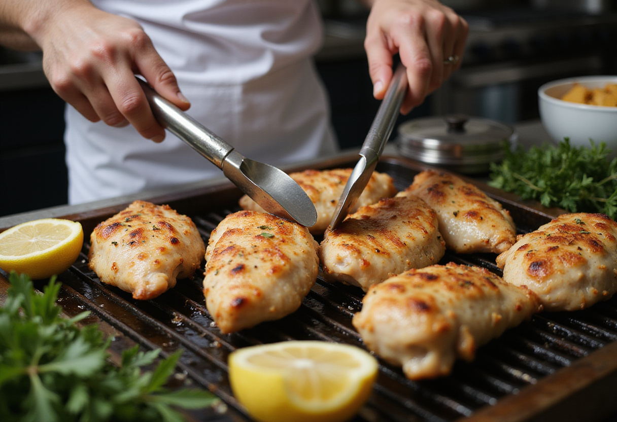 Flipping honey mustard chicken on the grill for perfect sear and flavor.