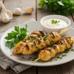 Final display of grilled ranch garlic parmesan chicken skewers, garnished and ready to serve, showcasing a mouthwatering meal.
