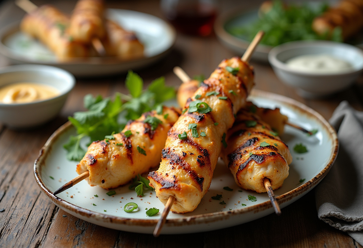 Final display of grilled ranch garlic parmesan chicken skewers, garnished and ready to serve, showcasing a mouthwatering meal.