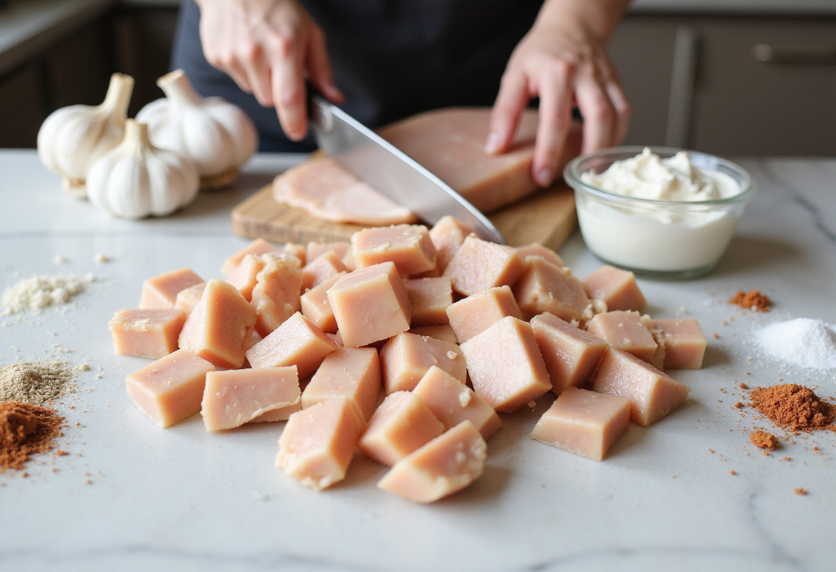 Preparing grilled ranch garlic parmesan chicken skewers with diced chicken breast and ranch dressing in a clean kitchen.