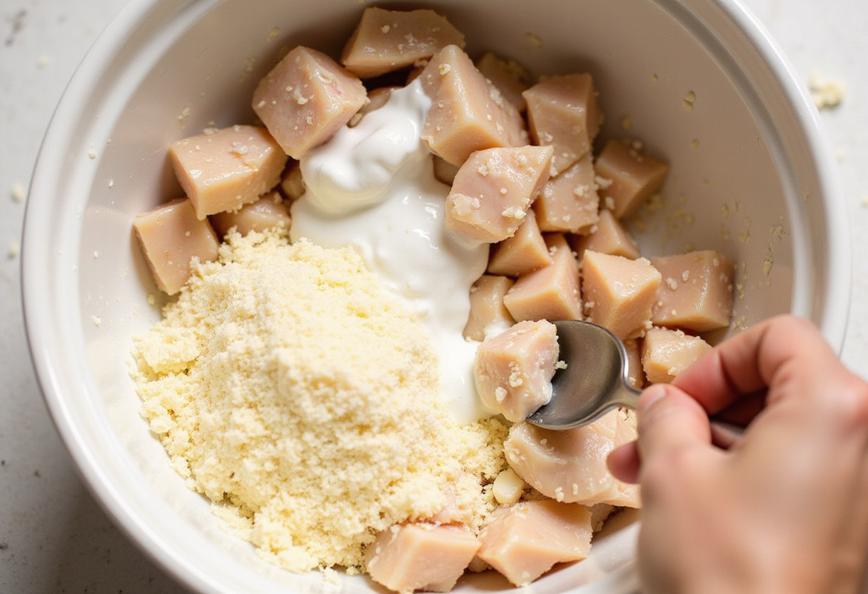 Mixing chicken with ranch dressing, garlic, and Parmesan cheese for flavorful grilled chicken skewers.