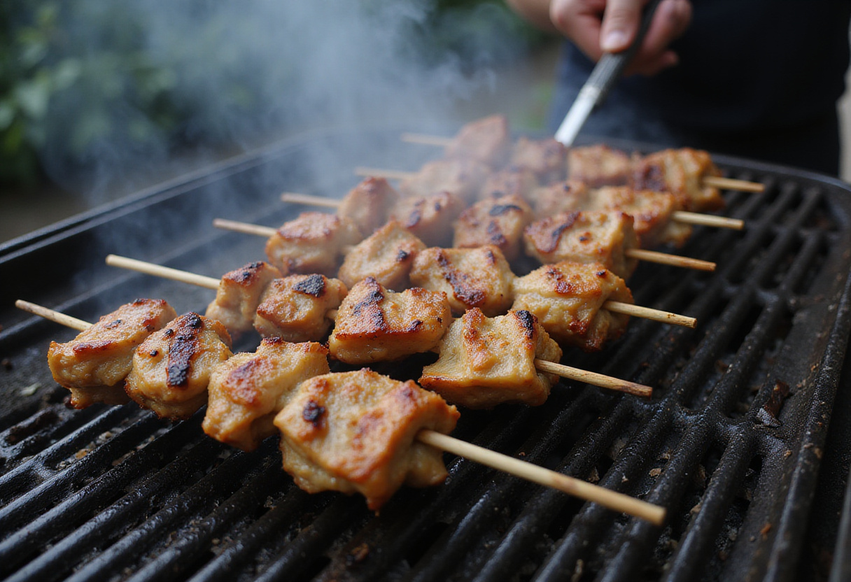 Grilling chicken skewers infused with ranch garlic and Parmesan flavors, creating delicious grilled ranch garlic parmesan chicken skewers.