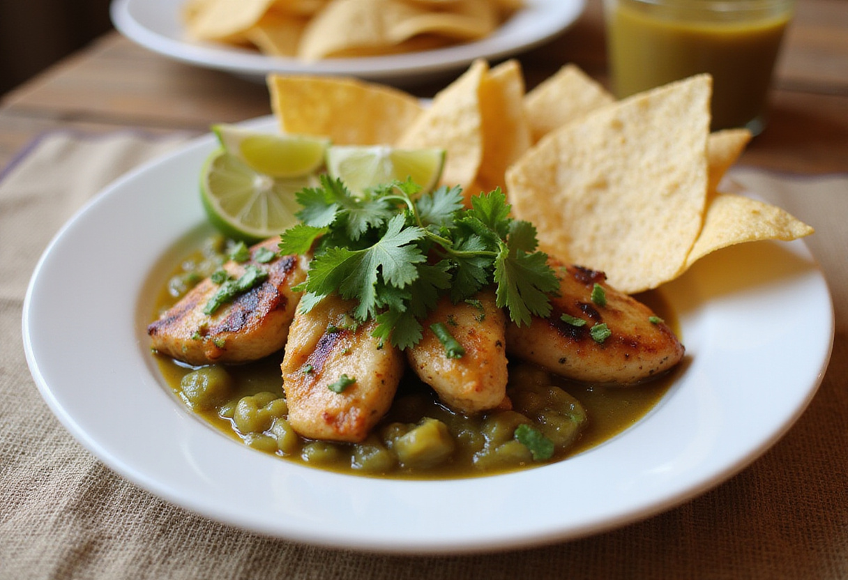 Final presentation of Grilled Salsa Verde Pepper Jack Chicken garnished with cilantro, lime wedges, and tortilla chips, perfect for a flavorful meal.