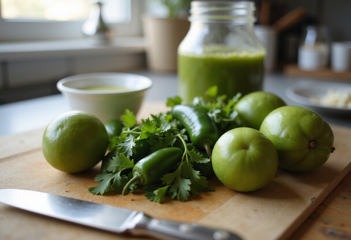 Fresh ingredients for Grilled Salsa Verde Pepper Jack Chicken including tomatillos, jalapenos, cilantro on a wooden cutting board, perfect for making salsa verde.