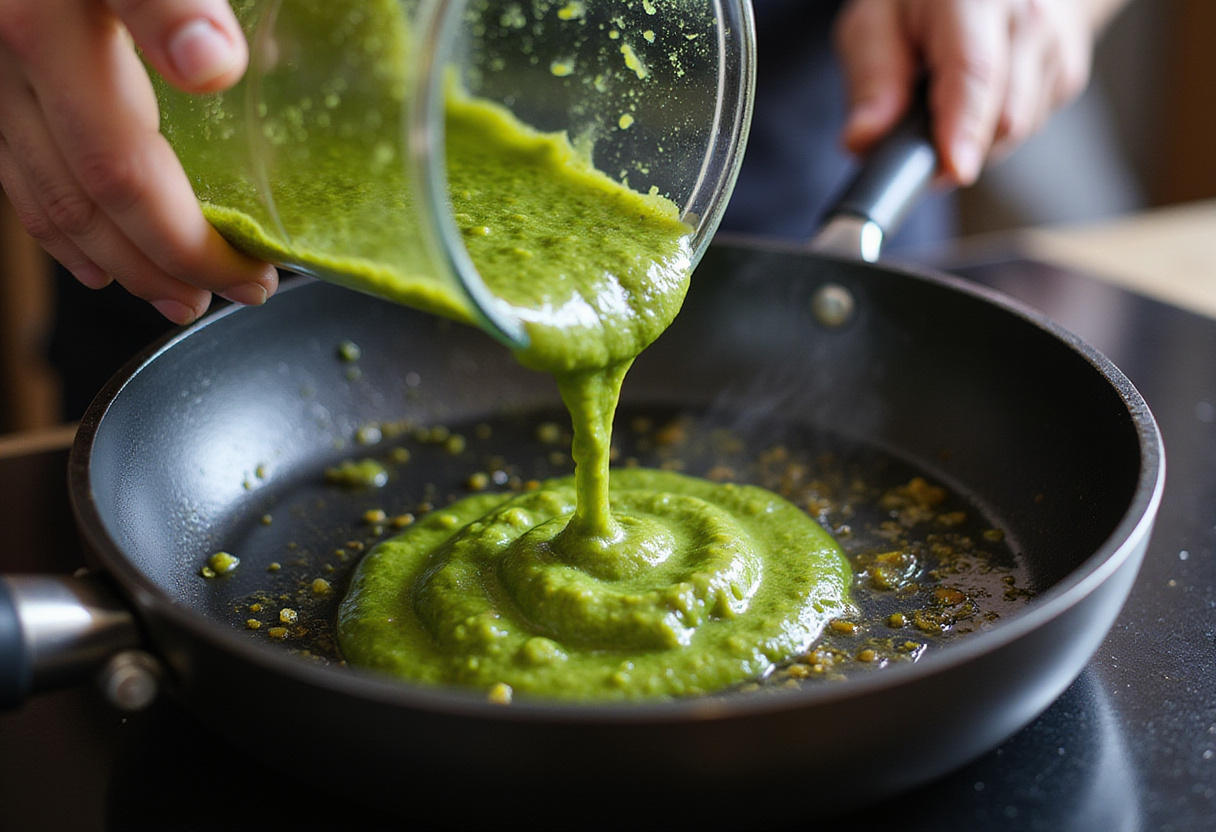 Cooking the salsa verde in a skillet for Grilled Salsa Verde Pepper Jack Chicken, showing a vibrant green mix bubbling in the pan.
