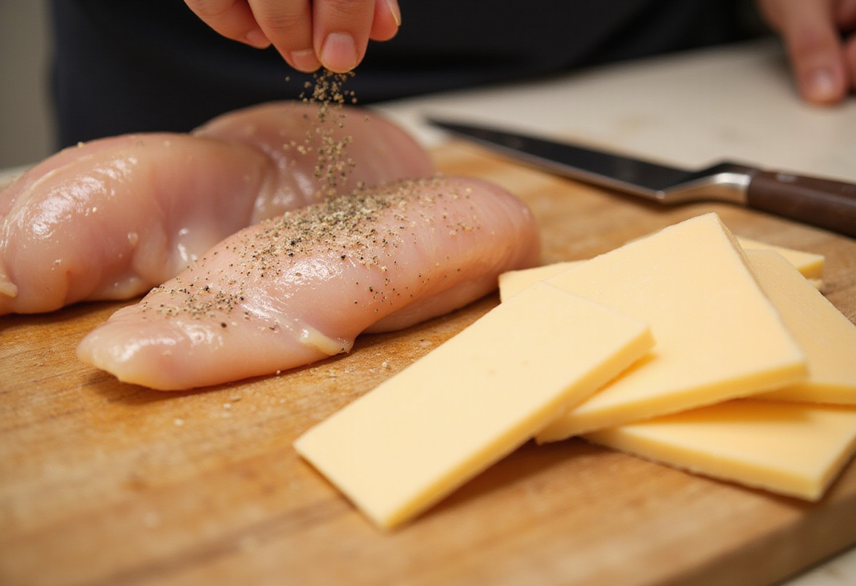 Seasoning chicken breasts for Grilled Salsa Verde Pepper Jack Chicken, surrounded by slices of Pepper Jack cheese, showcasing meal preparation.