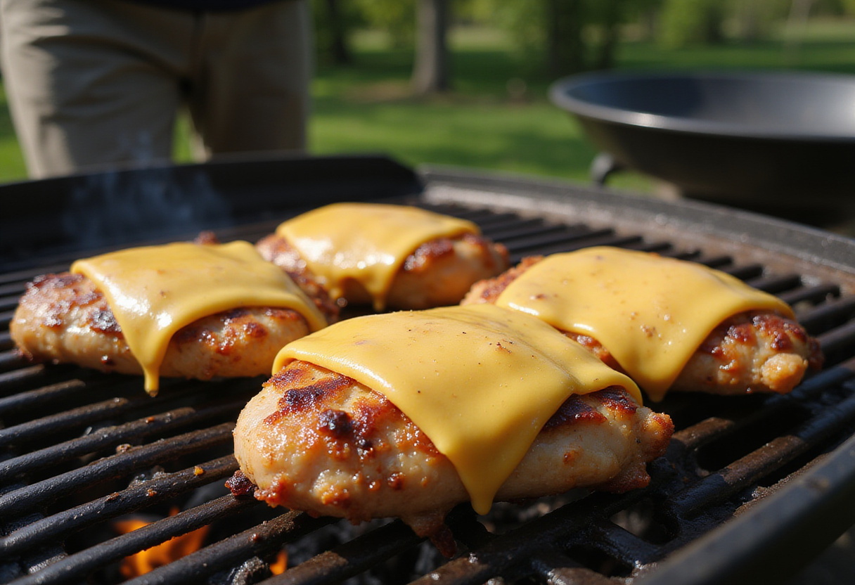 Grilling chicken breasts topped with Pepper Jack cheese for Grilled Salsa Verde Pepper Jack Chicken, showcasing a sunny outdoor grill scene.