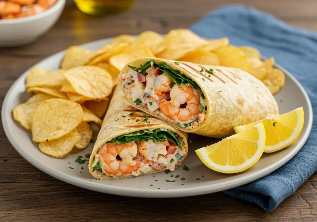 Finished Grilled Shrimp Caesar Wrap, showcasing the vibrant filling and garnishes, ideal for a delicious, healthy meal presentation.
