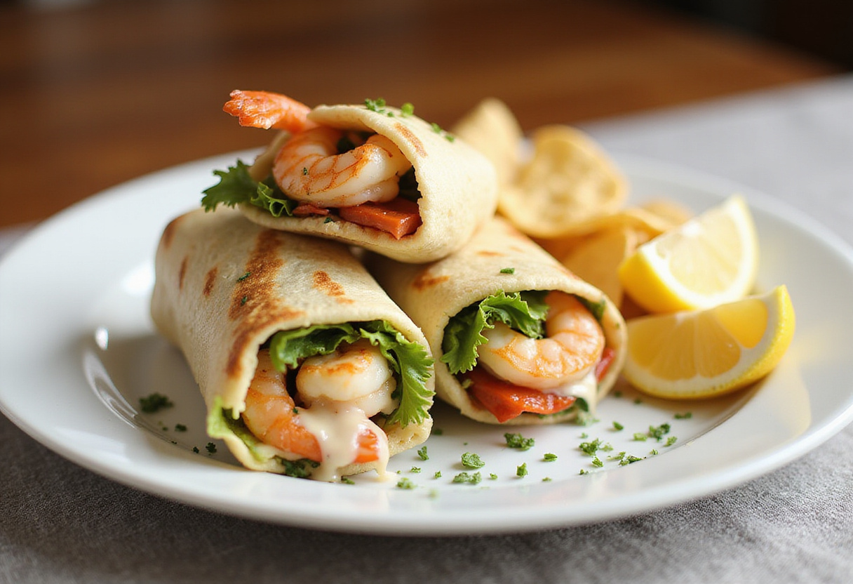 Finished Grilled Shrimp Caesar Wrap, showcasing the vibrant filling and garnishes, ideal for a delicious, healthy meal presentation.
