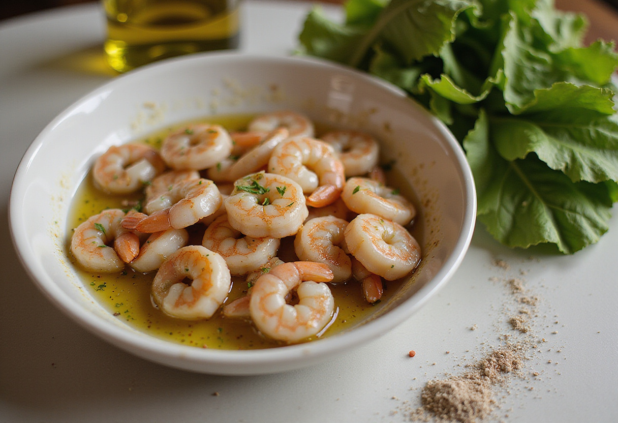 Marinated shrimp with garlic and lemon juice for Grilled Shrimp Caesar Wraps, showcasing fresh ingredients on a kitchen countertop.