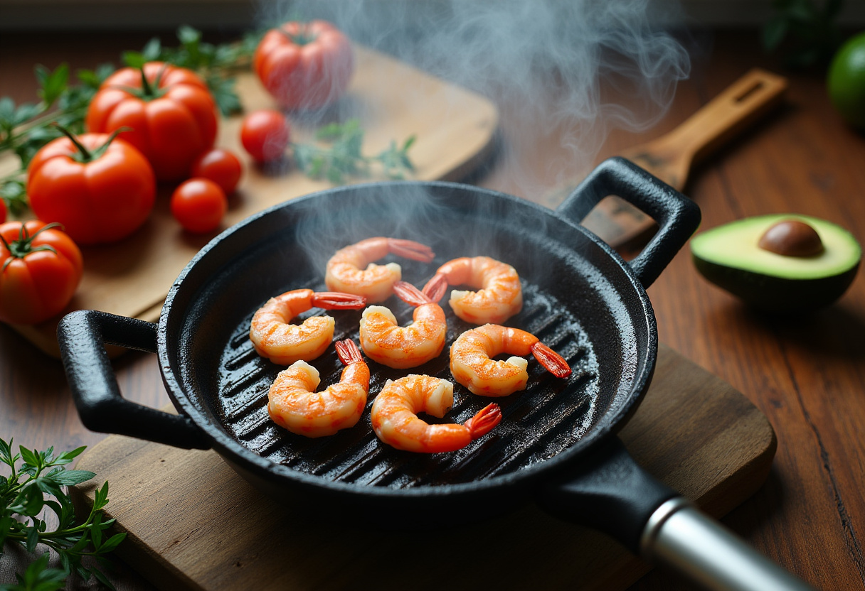 Grilling shrimp for Caesar Wraps, emphasizing the cooking process with fresh vegetables in a cozy kitchen setting.