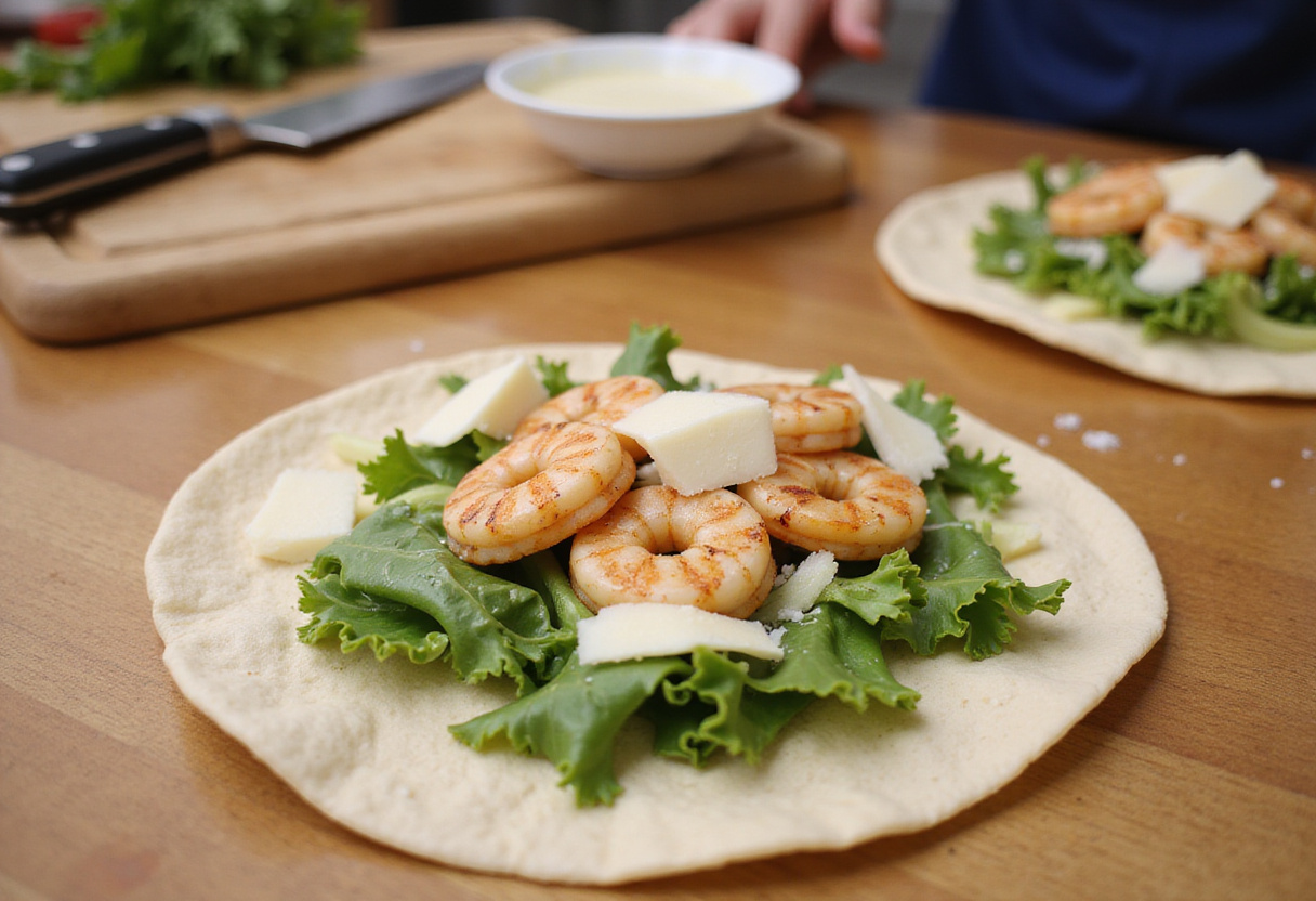 Assembling Grilled Shrimp Caesar Wraps with grilled shrimp, lettuce, and parmesan dressing on a tortilla, set in a practical kitchen space.