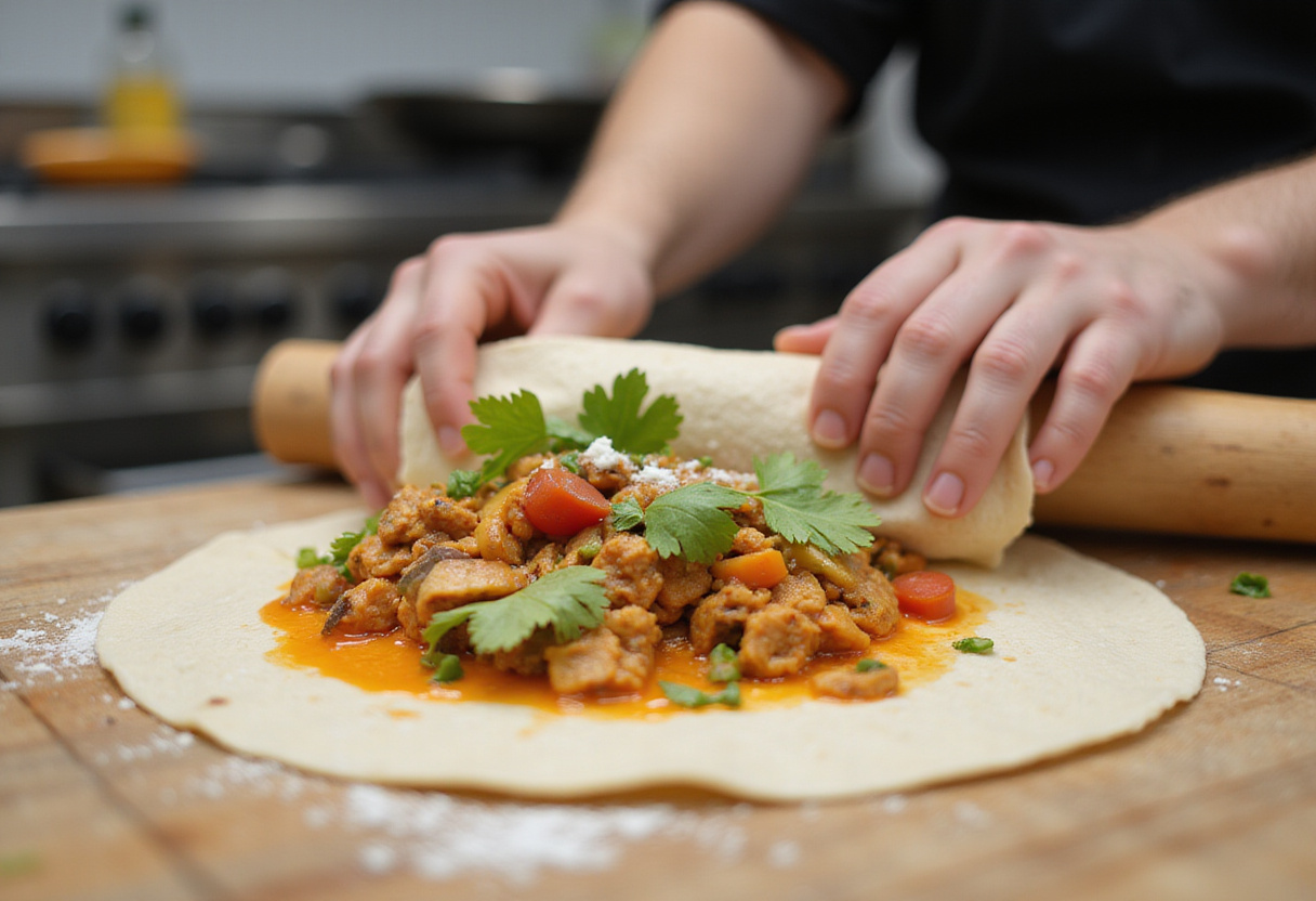 Wrapping Grilled Shrimp Caesar Wraps carefully, capturing the rich colors and textures of fresh ingredients in a clean kitchen.