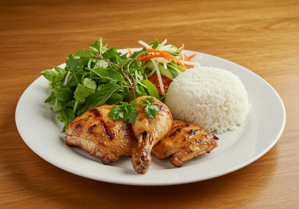 Final presentation of Grilled Vietnamese Chicken with salad and jasmine rice on a rustic table, showcasing a delicious and inviting meal.