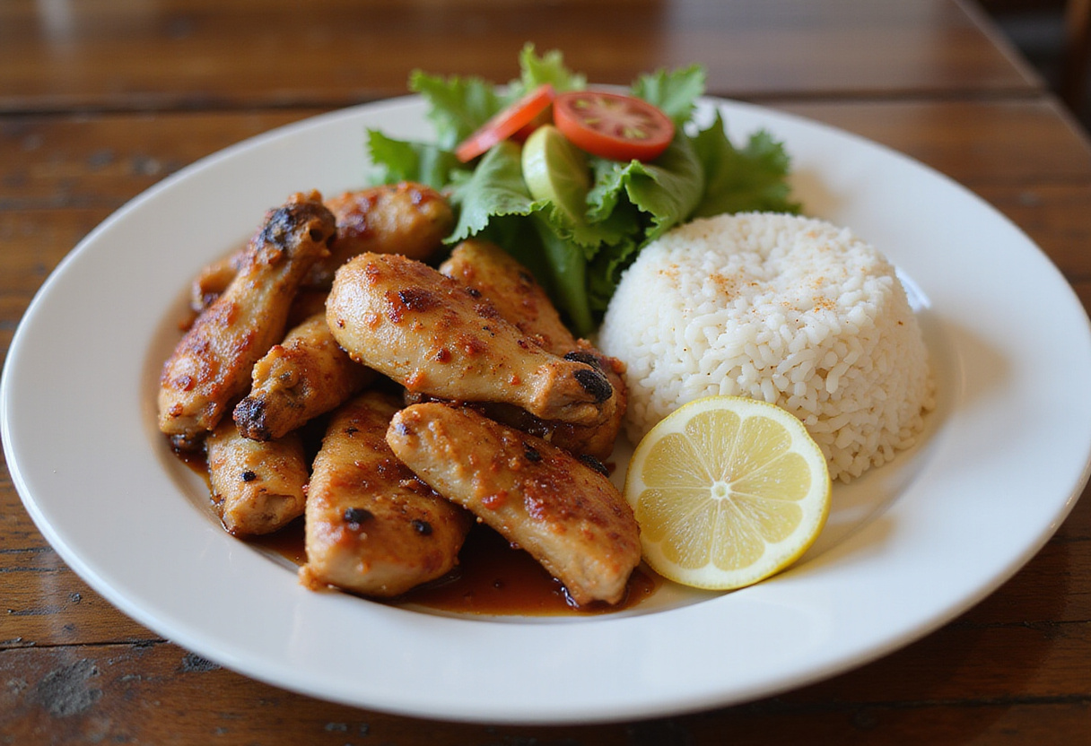 Final presentation of Grilled Vietnamese Chicken with salad and jasmine rice on a rustic table, showcasing a delicious and inviting meal.
