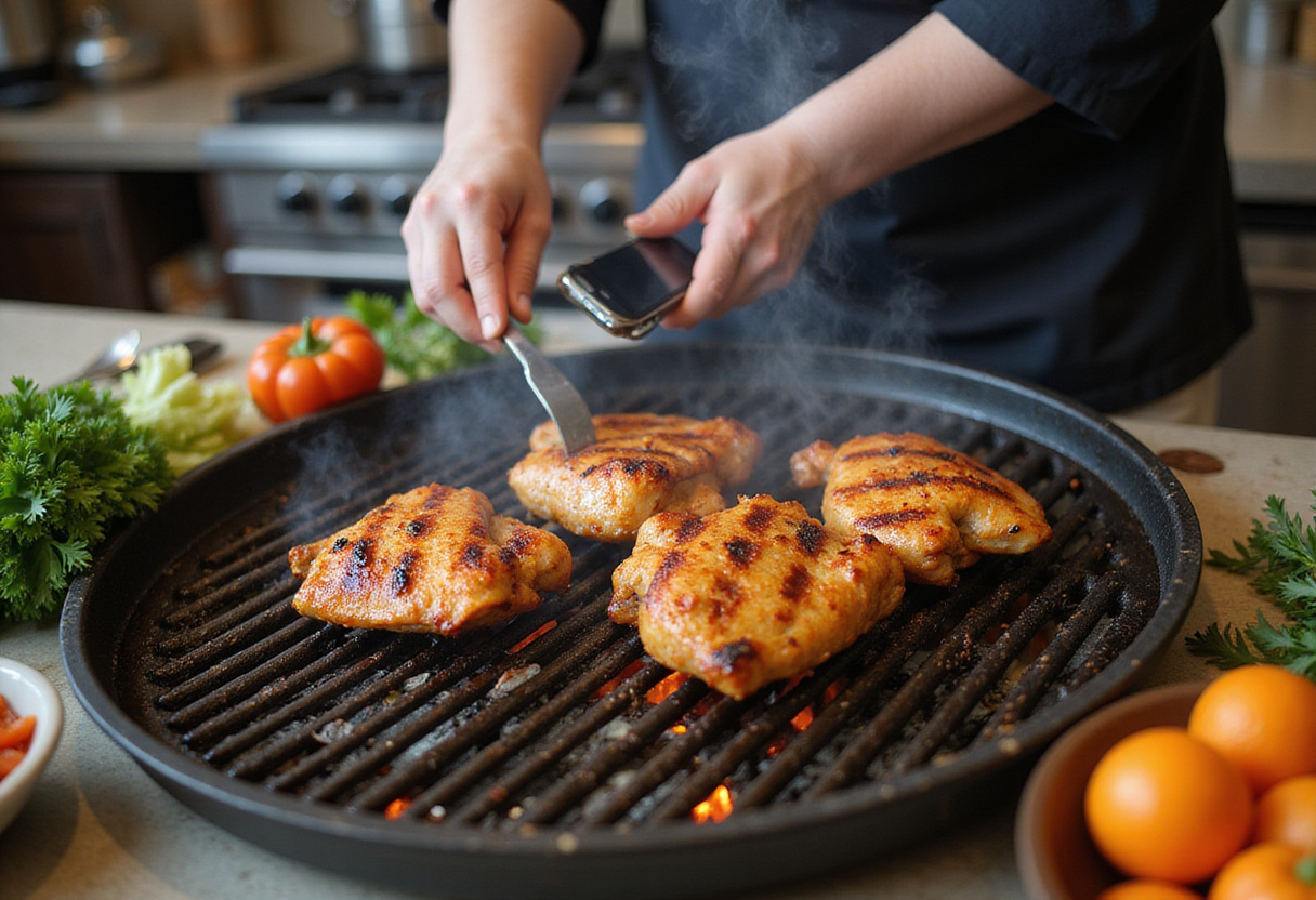 Marinated Grilled Vietnamese Chicken sizzling on a grill with vibrant vegetables in a cozy kitchen environment.