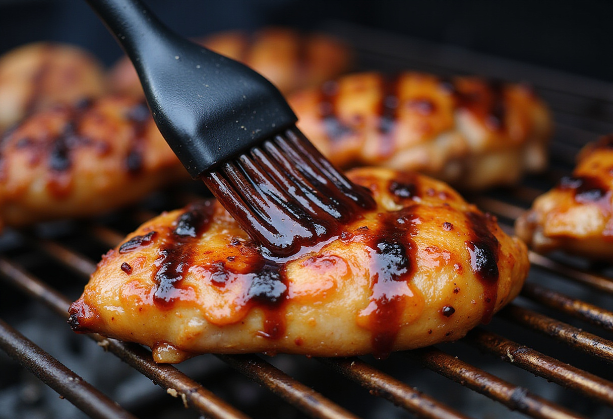 Grilled Vietnamese Chicken brushed with sweet chili glaze, highlighting its delicious caramelized texture and flavors.