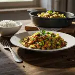 Delicious ground beef and chopped cabbage served on a plate, adorned with herbs, demonstrating a comforting and hearty home-cooked recipe.