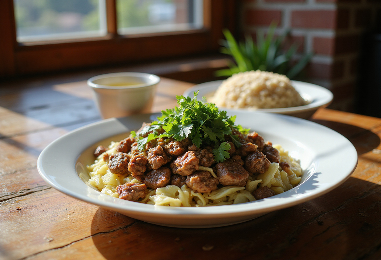 Delicious ground beef and chopped cabbage served on a plate, adorned with herbs, demonstrating a comforting and hearty home-cooked recipe.