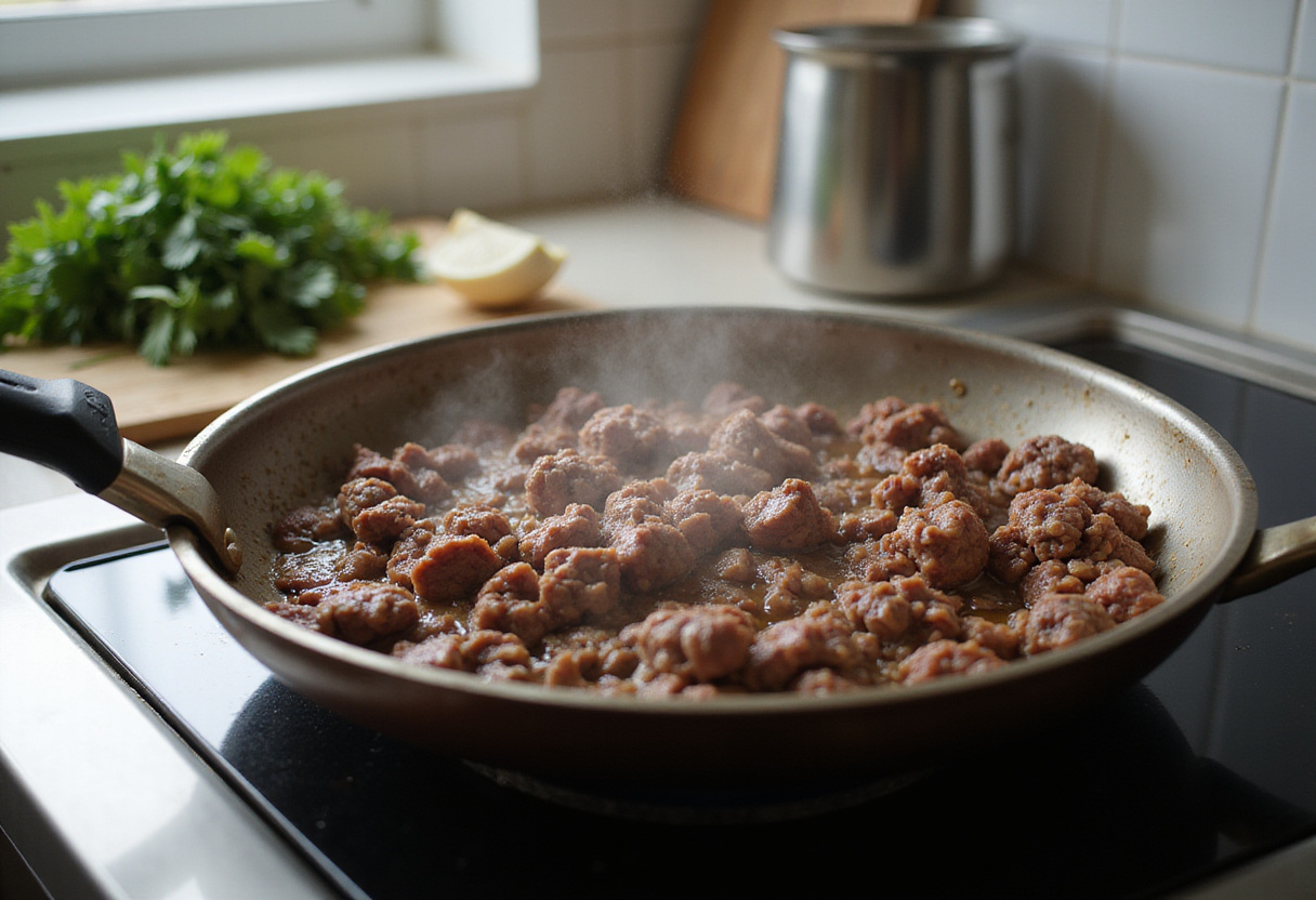 Ground beef being browned in a skillet for delicious ground beef and chopped cabbage recipe, showcasing a vibrant kitchen setting.