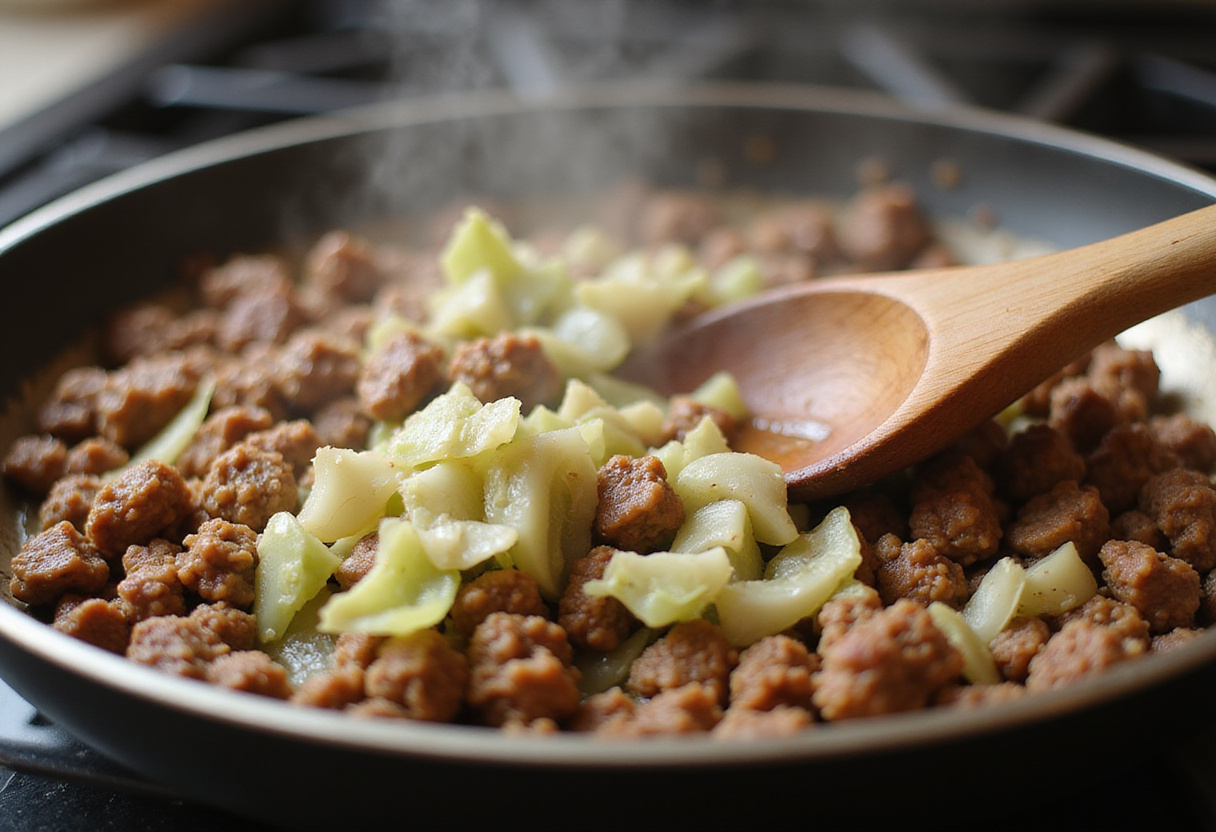 Adding chopped cabbage and onions to browned ground beef in a skillet, creating a vibrant mixture for ground beef and chopped cabbage dish.