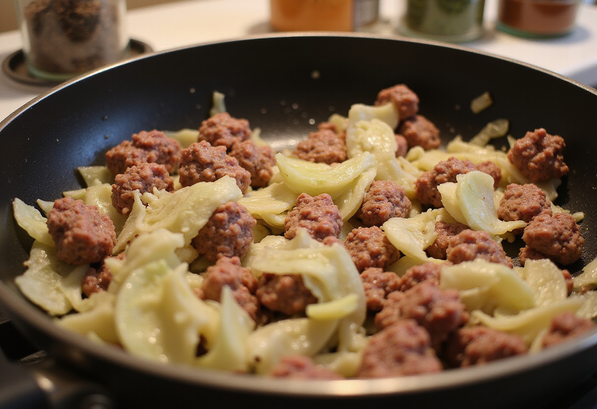 Ground beef and cabbage cooking together in a skillet, emphasizing the blend of flavors for a hearty ground beef and chopped cabbage meal.
