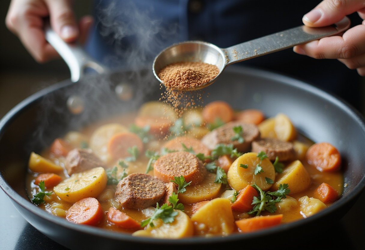 Seasoning the ground beef and chopped cabbage dish with spices, highlighting the aromatic blend for a comforting home-cooked meal.