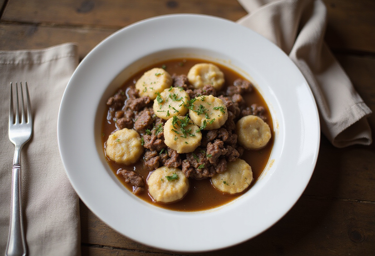 Gourmet presentation of ground beef and dumplings, showcasing the delicious comfort food ready to be enjoyed, perfect for family dinners.